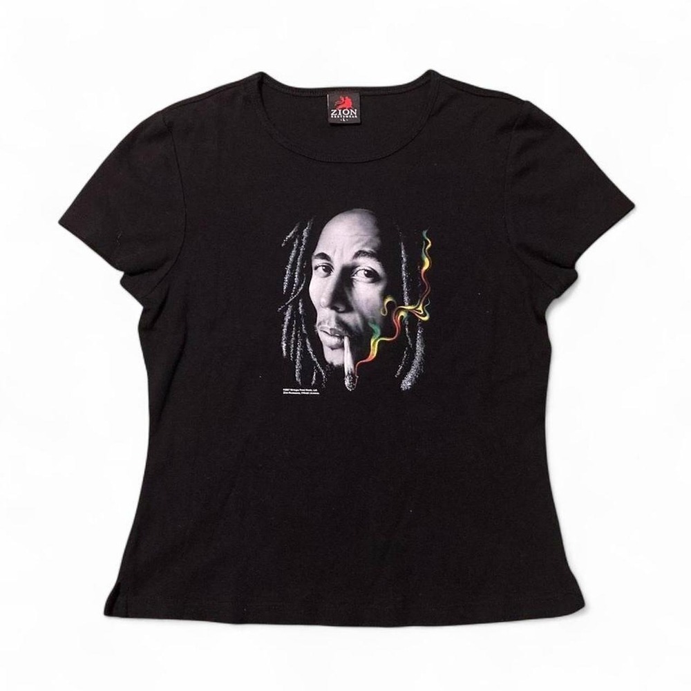 Bob Marley black baby tee Zionβ Roots Rasta reggae y2k 07' L/16.5